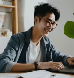 Man smiling while using laptop