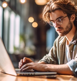 Man sits at a desk working on his laptop