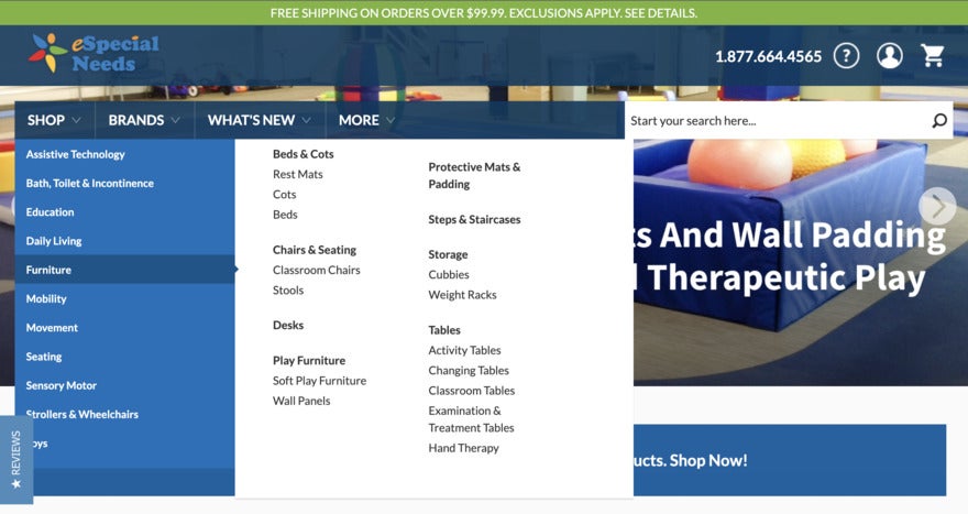 A dropdown menu on eSpecial Needs website