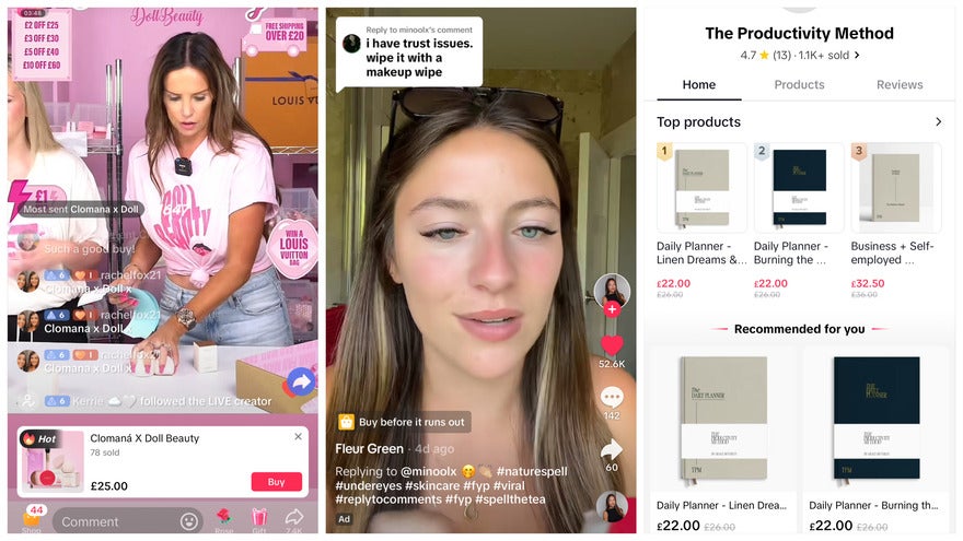 three screenshots showing the different ways TikTok Shop works