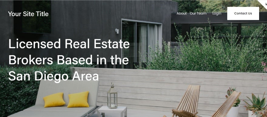 Screenshot of a real estate Squarespace homepage with a large hero image of a back garden and a white heading