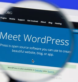 Magnifying glass held over screen showing WordPress homepage