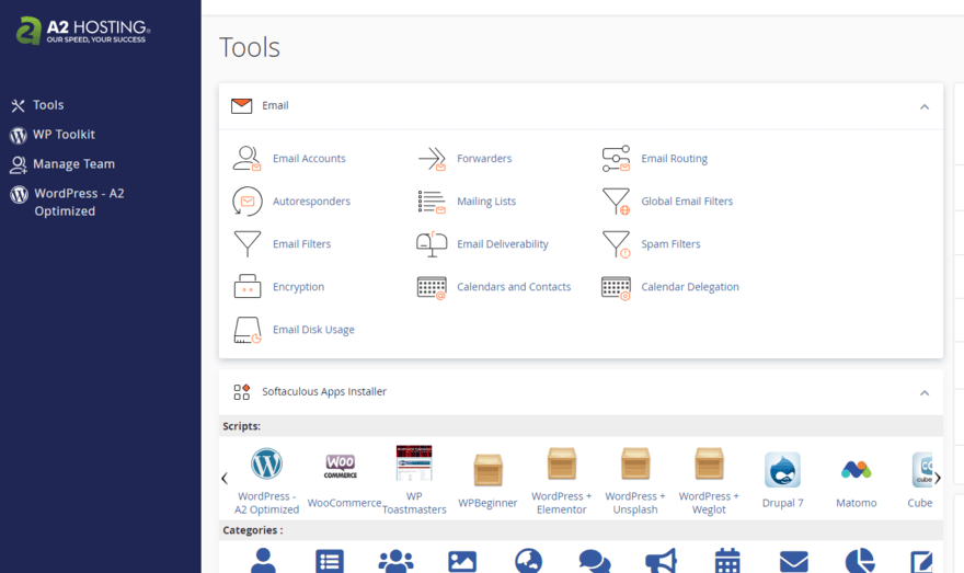 A2 Hosting cPanel dashboard