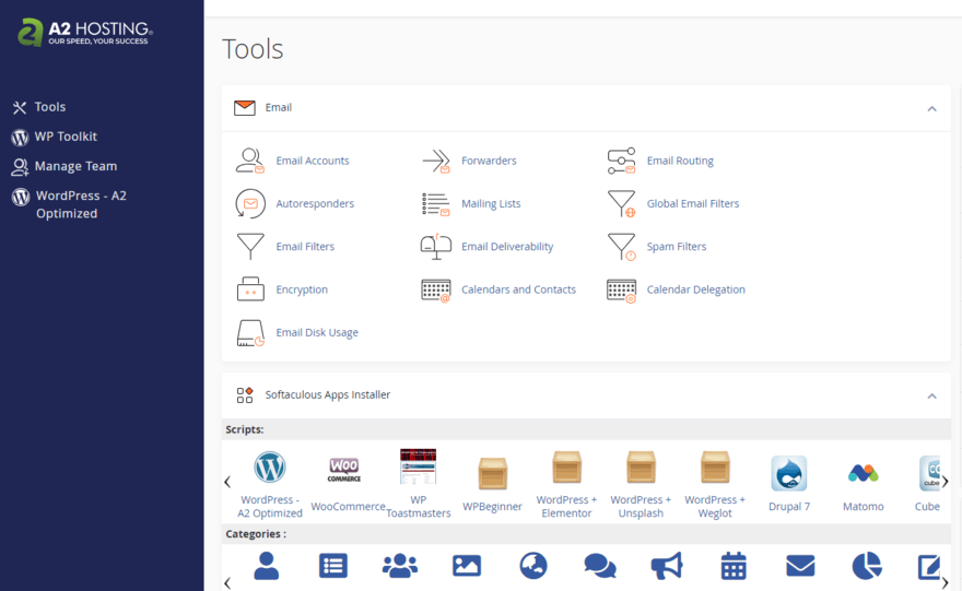 A2 Hosting cPanel dashboard showing a range of tools