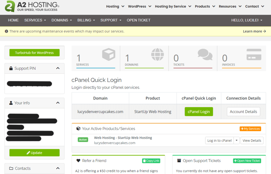 A2 Hosting's dashboard