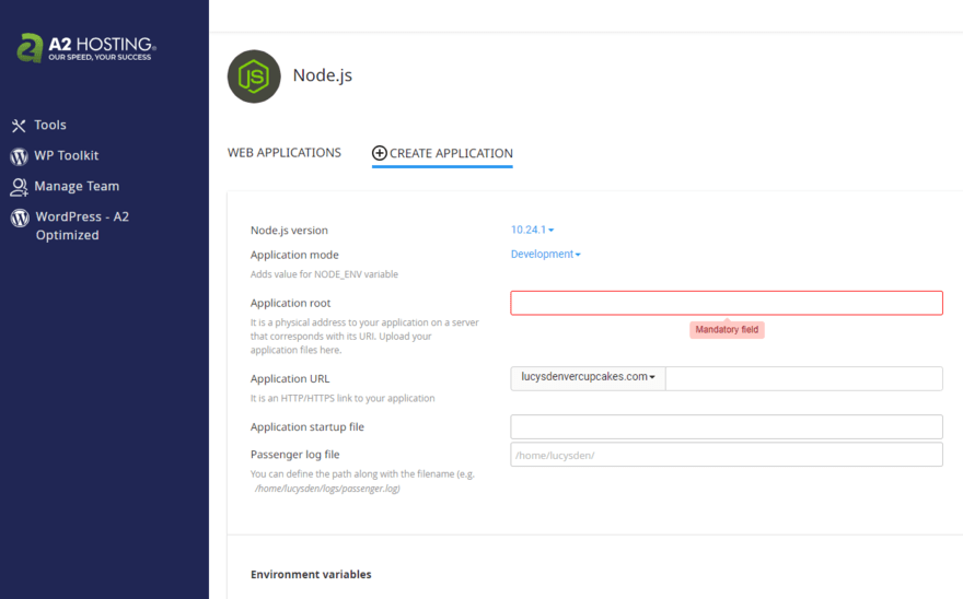 Create Node.js application form in A2 Hosting's cPanel