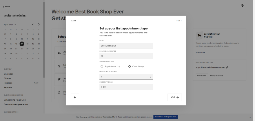 Screenshot Squarespace's Acuity Scheduling tool from the dashboard.