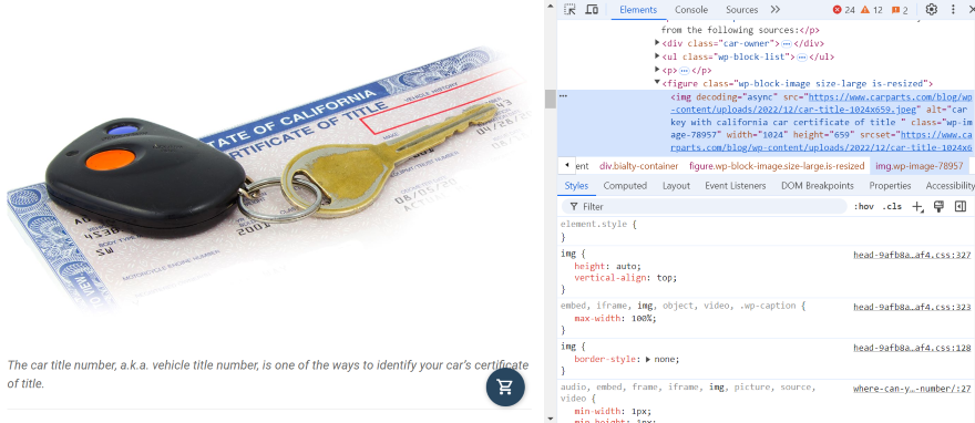 A website photo of car keys and a California Certificate of Title document, with website code demonstrating the alt text in use