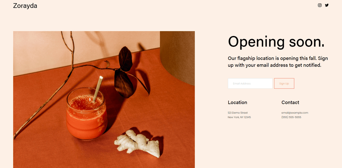 Screenshot of a Squarespace launch page with a photo of a cocktail, heading, and sign up contact form.