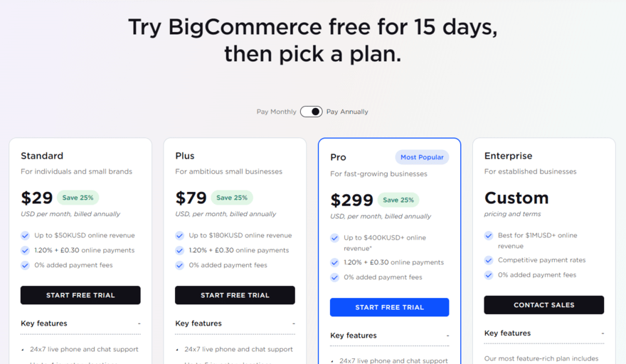 BigCommerce's pricing page showing its four plans, pricing info, and key features