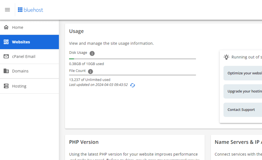 Website usage stats in Bluehost's settings