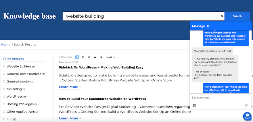 The Bluehost “Knowledge Base” with an ongoing live chat open in the right-hand corner.