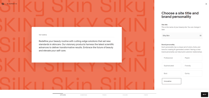 Step 1 of Blueprint AI where you can add your site title and site personality