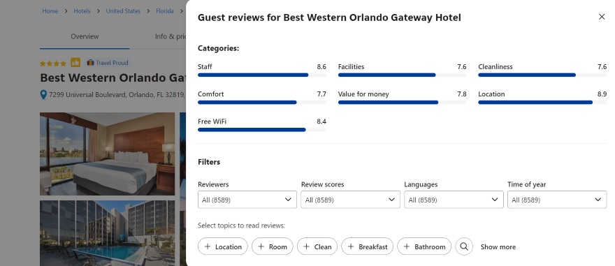 Screenshot of the Bookings.com reviews section on a hotel page.