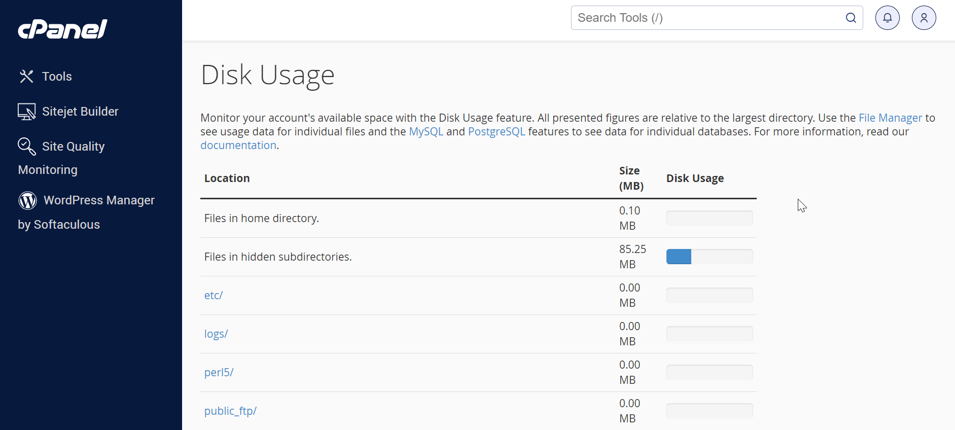 cPanel disk usage page on Bluehost