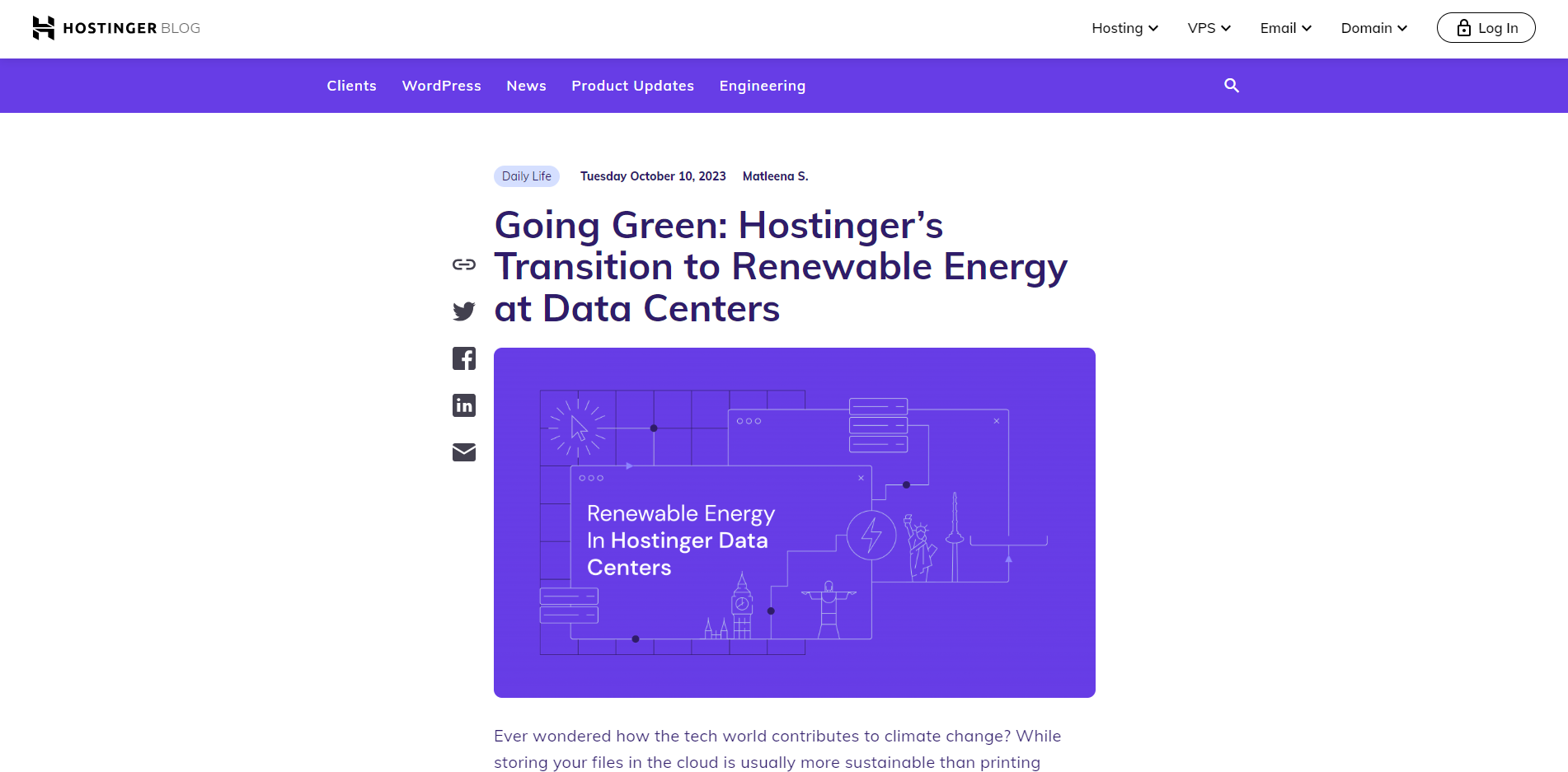 Front cover of Hostinger’s blog about renewable energy