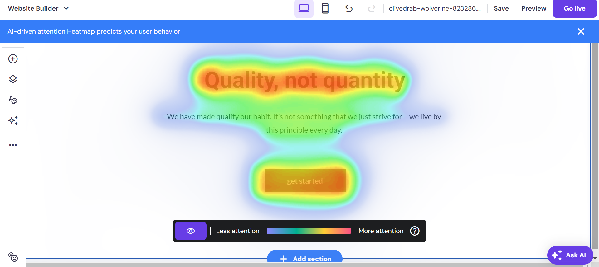 A heat map of a website editor