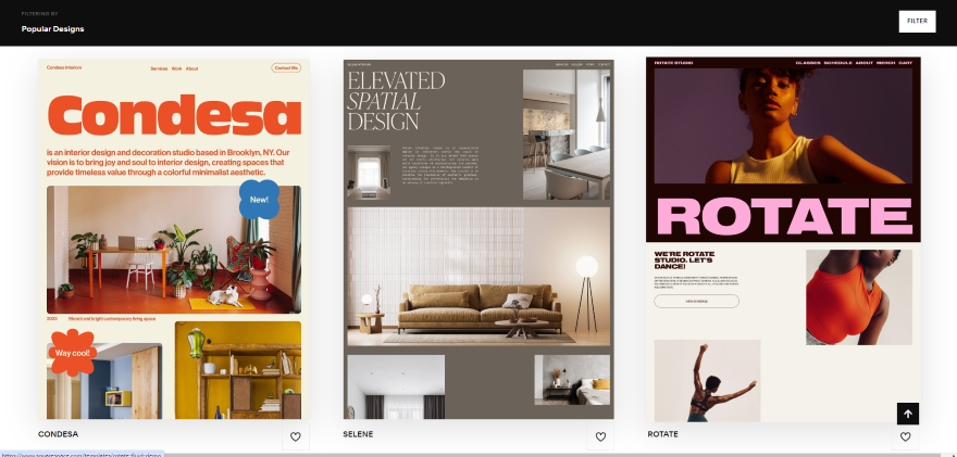 Screenshot of Squarespace's templates page with three different designs on the screen.