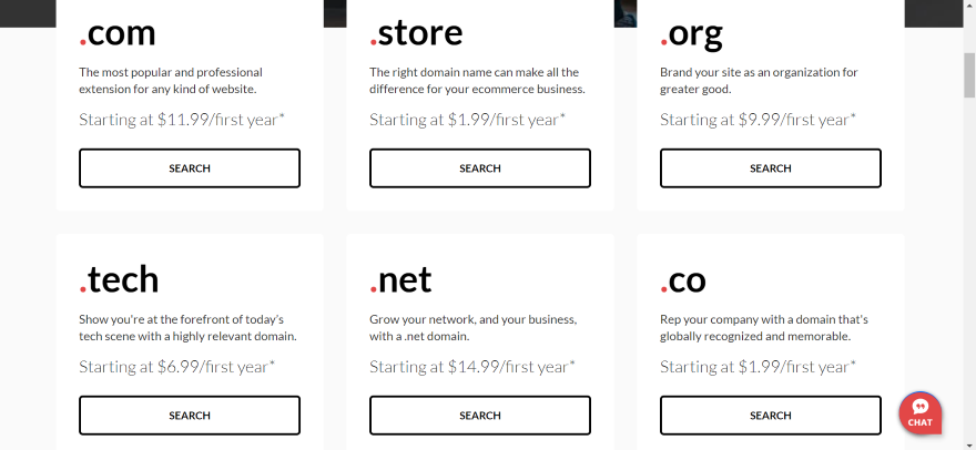 Screenshot of the different domains Domain.com offers with prices.