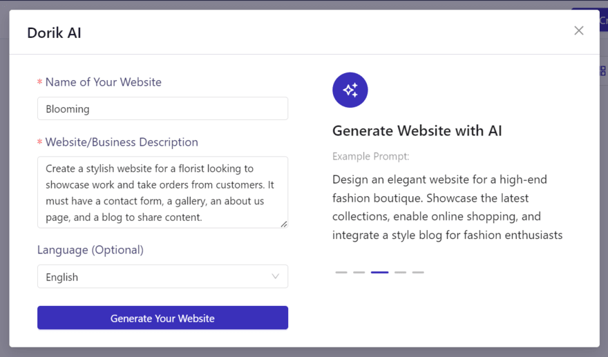 Dorik AI website builder form