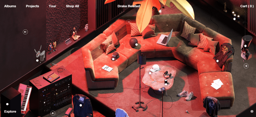 Drake Related website showing a graphic image of a sofa in a music studio, with interactive buttons spread across the image