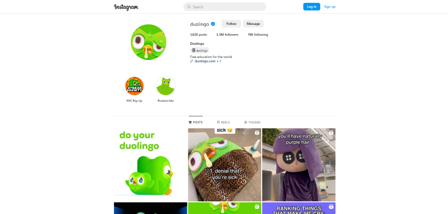 Screenshot of Duolingo's Instagram page with company photos and memes in a grid format