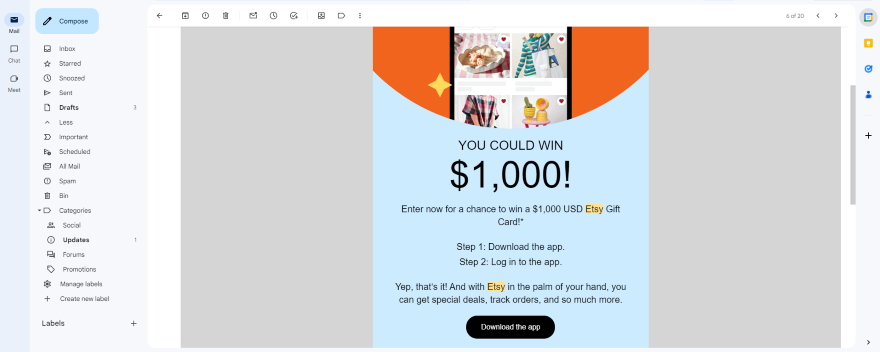 Screenshot of a Gmail inbox with an Etsy email opened offering a competition to win a $1,000 voucher