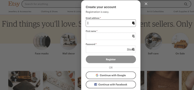 Etsy registration form