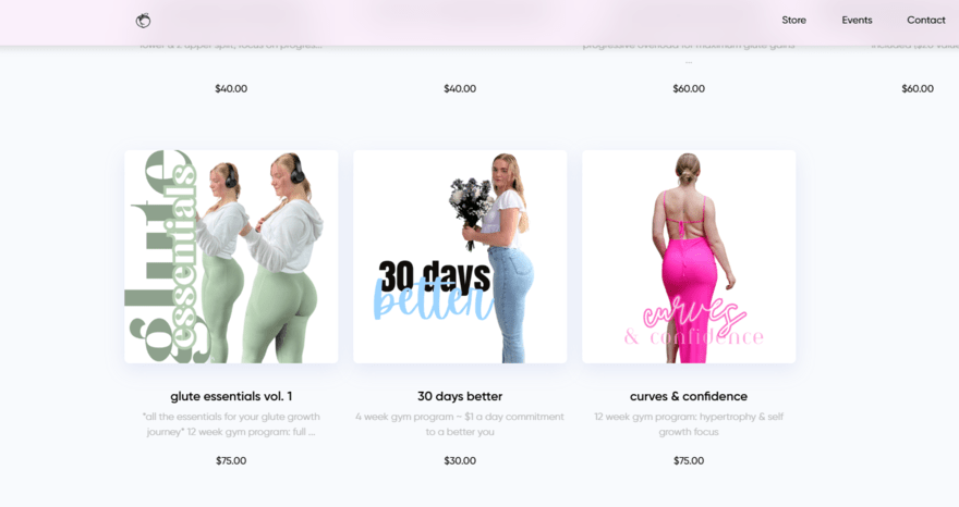 personal trainer BuiltbyLinds' website showing the fitness guides she has available to buy