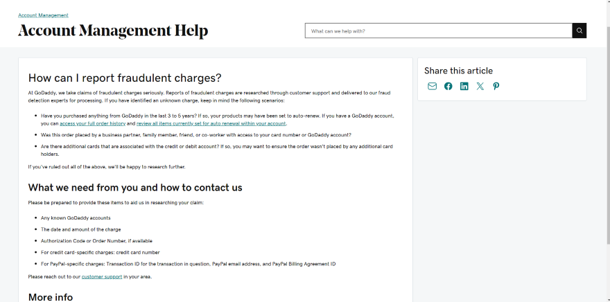 Screenshot of GoDaddy's Account Management Help webpage with information on reporting fraudulent charges.