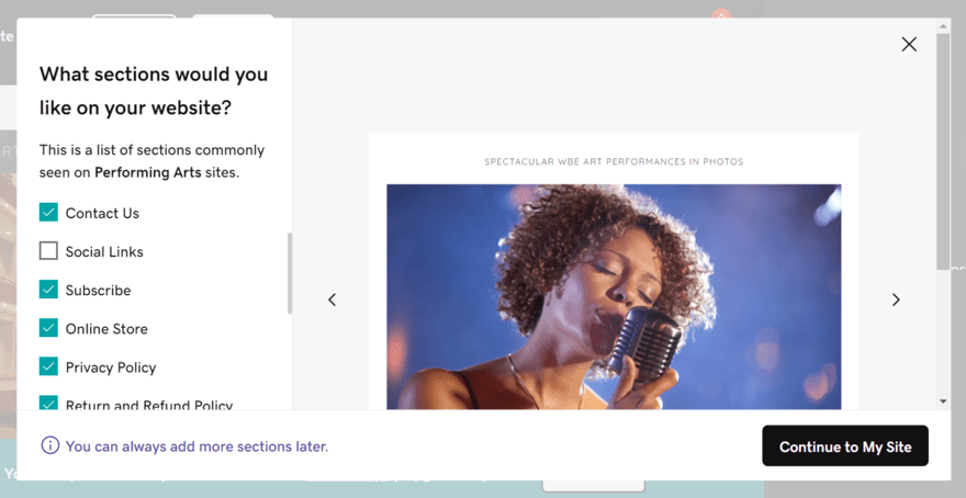 GoDaddy AI builder suggesting personalized sections for an performing art website