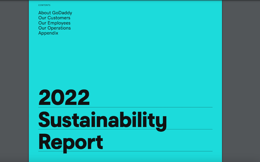 The 2022 GoDaddy Sustainability Report, with the title in black letters on a light blue background.