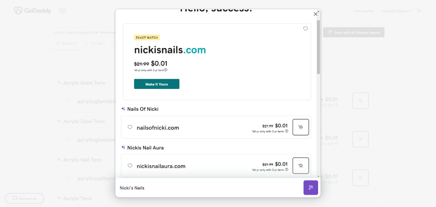 Screenshot of domain search results using GoDaddy's AI tool, showcasing a "nickisnails.com" domain and its discounted pricing.