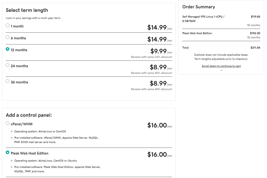 GoDaddy checkout page for a VPS hosting plan