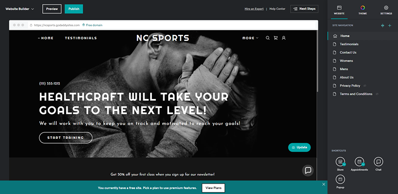 a sports site in grayscale in a website editor