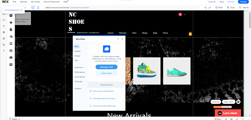 a sport shoe website with a chat window open