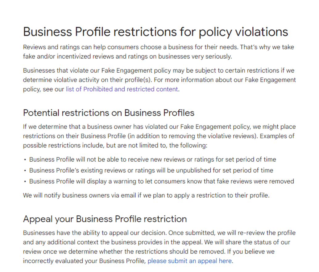 Google's business profile restrictions for policy violations