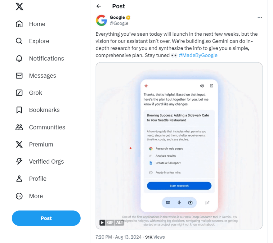 Tweet from Google's X account to announce Gemini Research feature