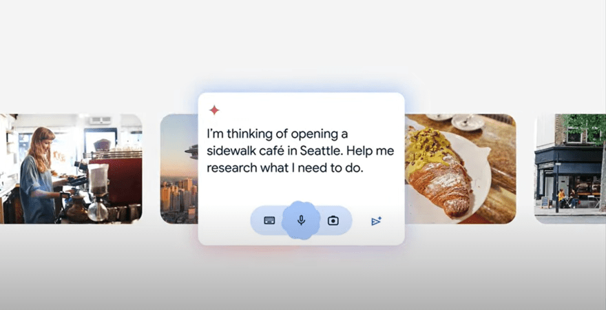 Promo for Google's Gemini research feature showing a prompt about opening a cafe in Seattle and needing research