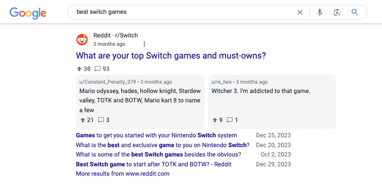 Reddit snippet test example in Google search result for "best switch games"