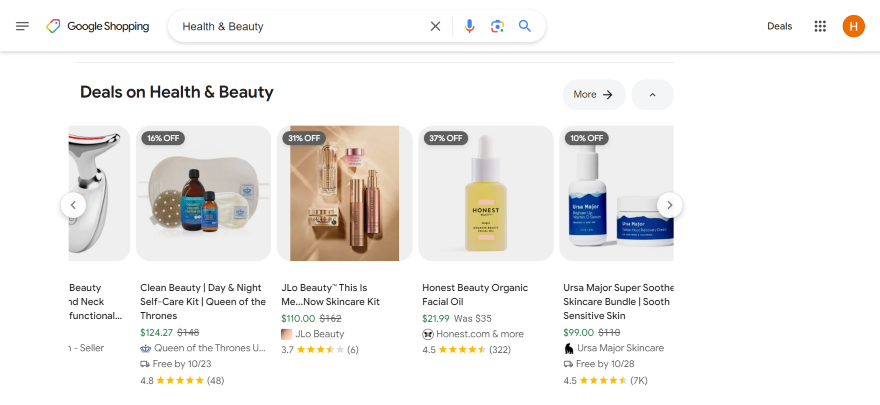 Screenshot of Google Shopping results for beauty products with star ratings and discounts