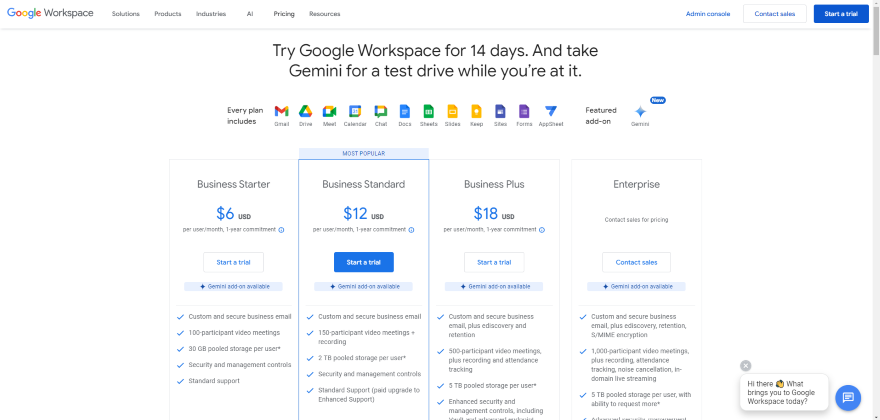 Screenshot showing Google Workspace pricing tiers including Business Starter, Standard, Plus, and Enterprise options.