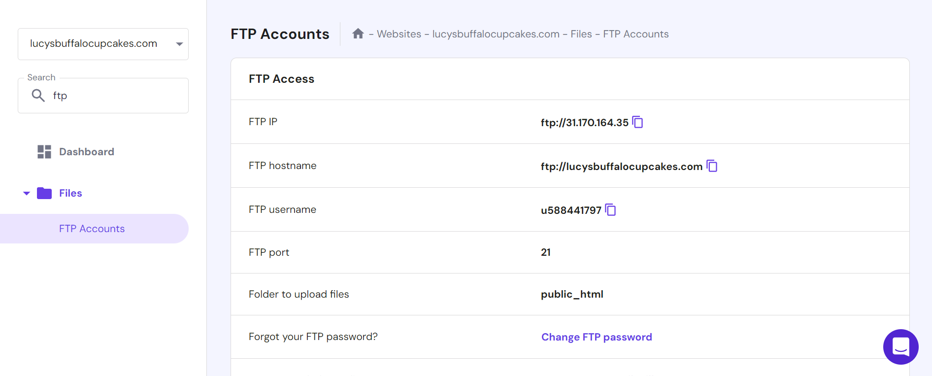 Hostinger hPanel FTP page