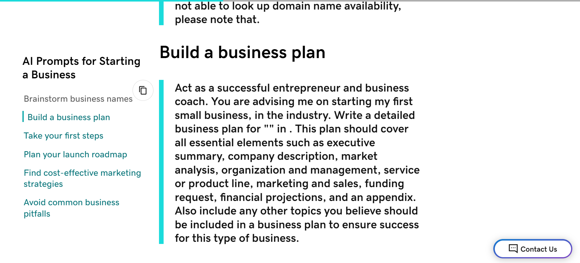 GoDaddy ai prompt for starting a business plan