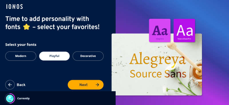 An AI website builder choice page with selection of color options