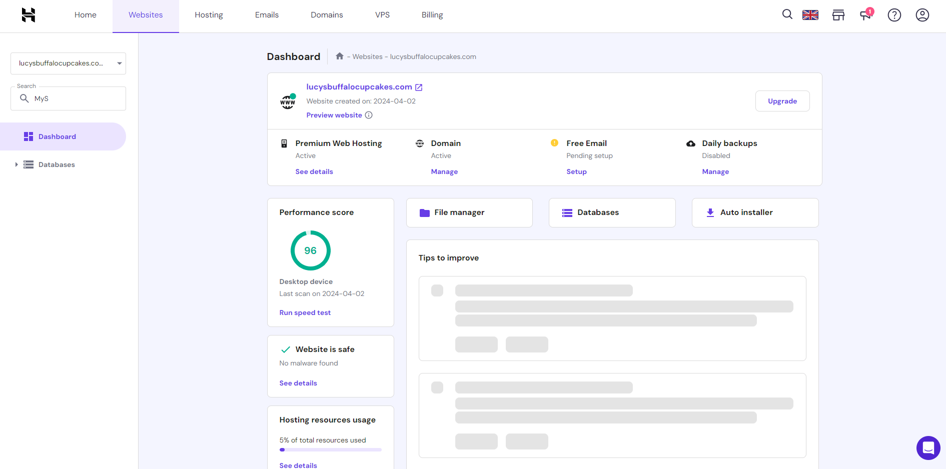 Hostinger's hosting dashboard in pastel purple