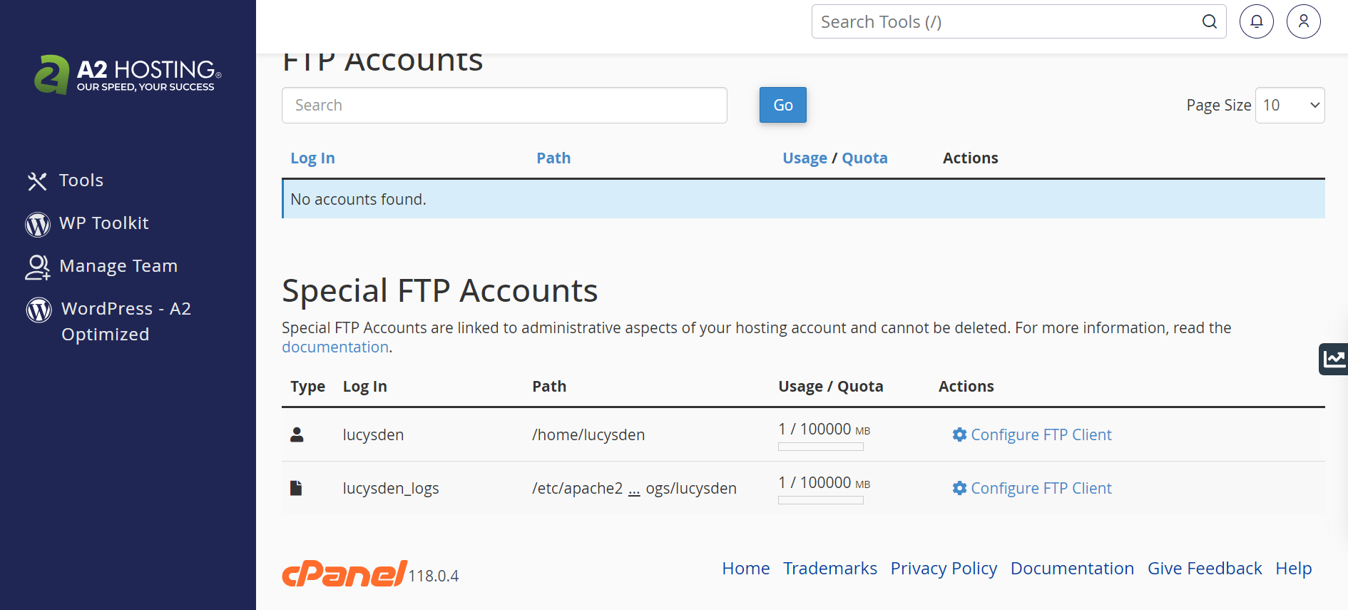 A2 Hosting cPanel for FTP