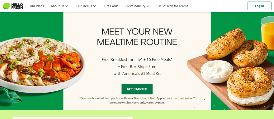 Screenshot of Hello Fresh' homepage design with meal photos, a headline, and call to action button