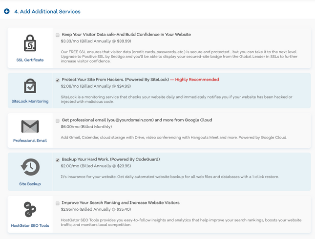 hostgator pricing extra costs checkout
