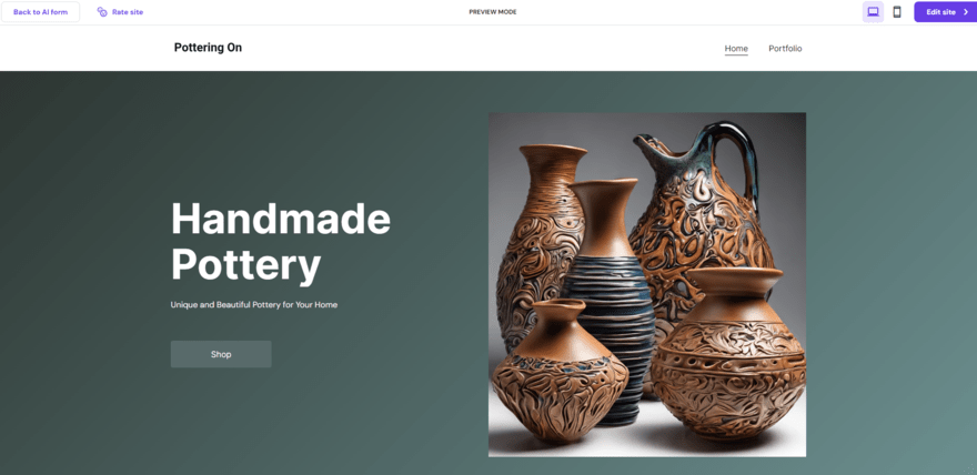 Preview of Hostinger's AI website builder creation for a pottery business